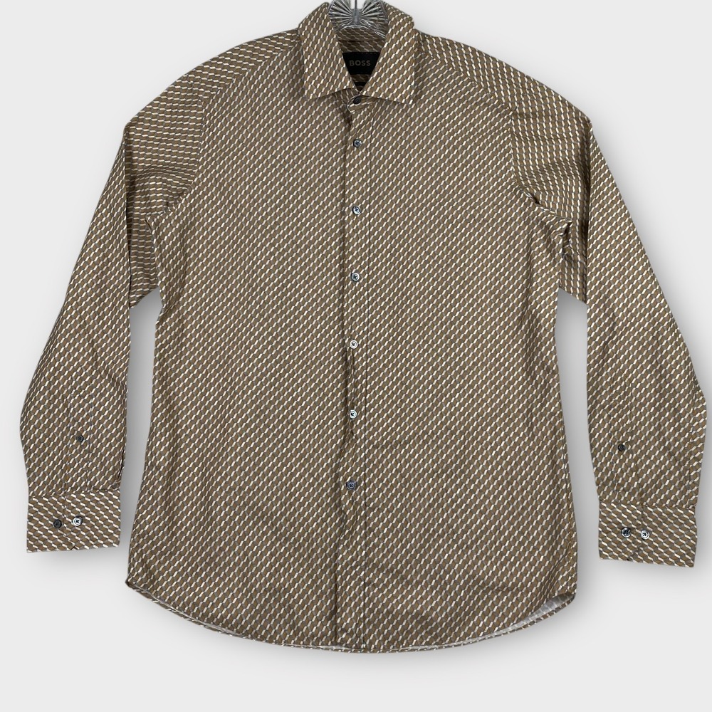 BOSS Shirt Mens Large Brown Geometric Print Regular Fit Button Up Long‎ Sleeve